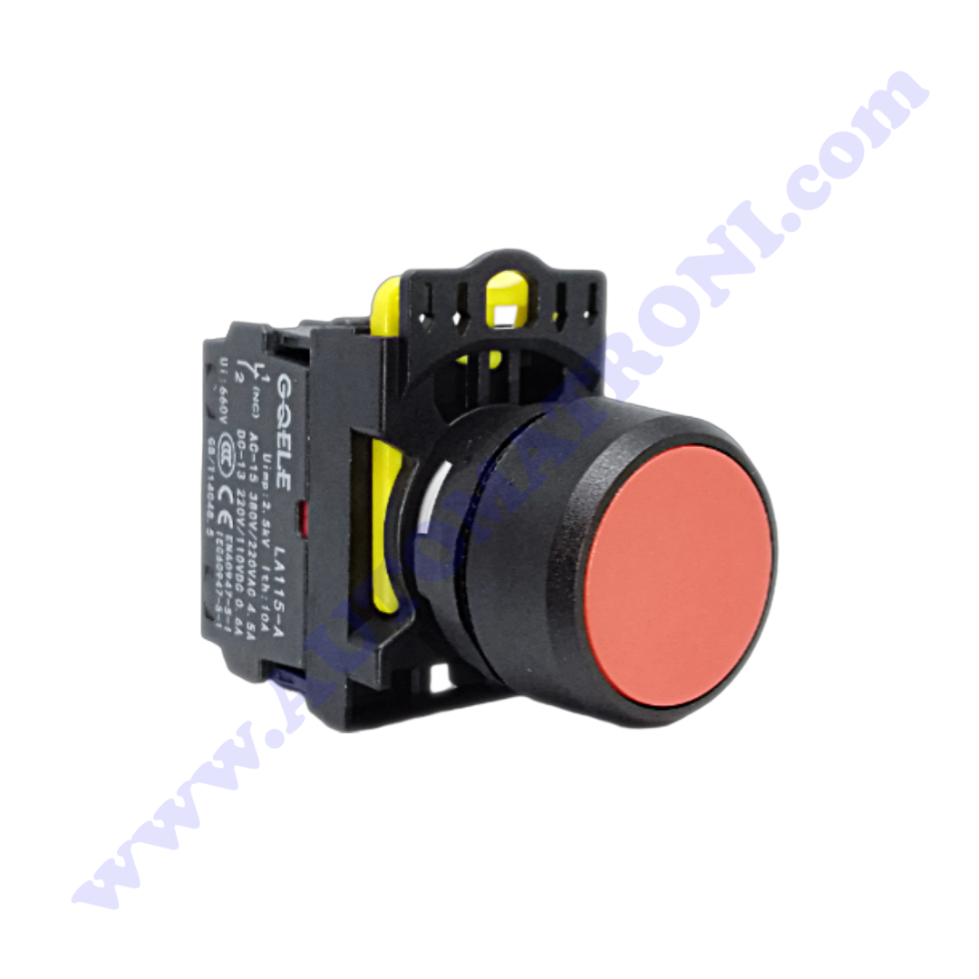 PULSADOR PLASTICO RASANTE 22MM ROJO 1NC BISEL NEGRO