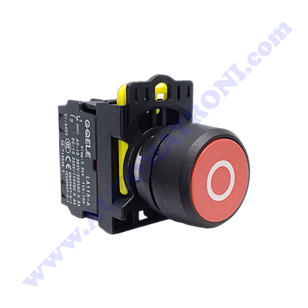 PULSADOR PLASTICO RASANTE 22MM ROJO (O)  1NC BISEL NEGRO