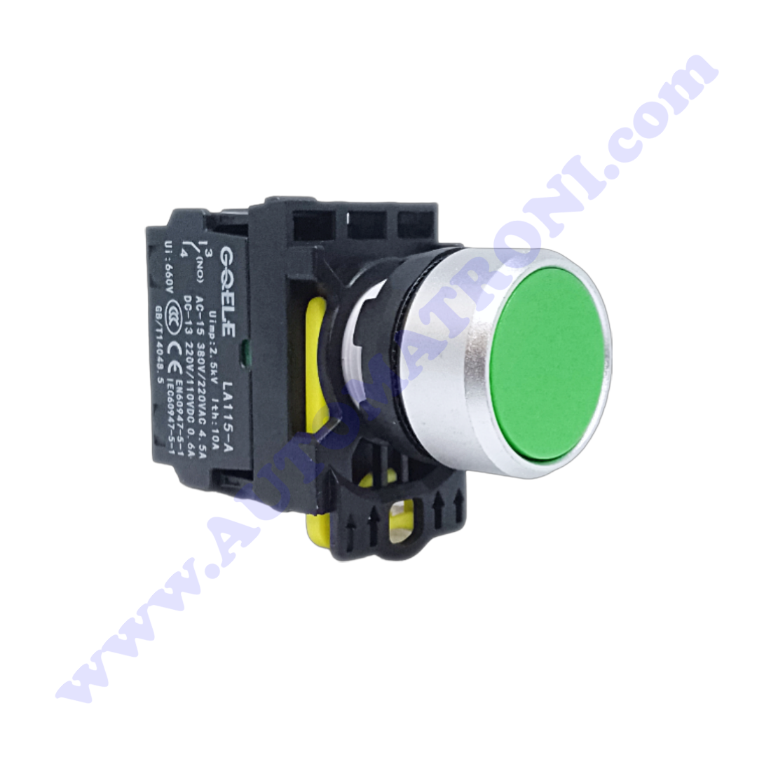 PULSADOR PLASTICO RASANTE 22MM VERDE 1NA BISEL METALICO