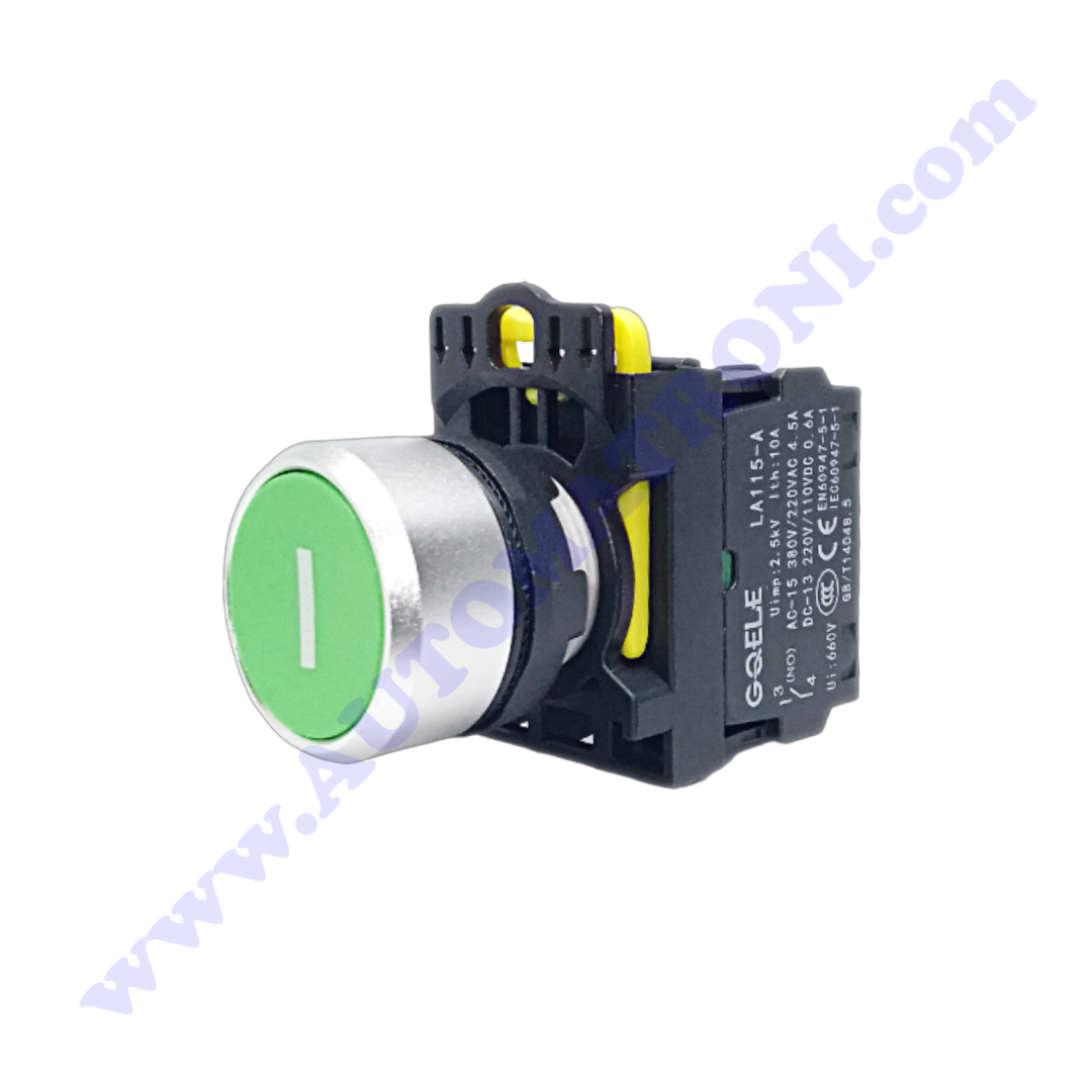PULSADOR PLASTICO RASANTE 22MM VERDE (I) 1NA BISEL METALICO