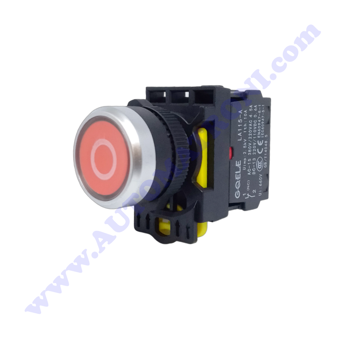 PULSADOR PLASTICO RASANTE 22MM ROJO (O) 1NC BISEL PINTADO