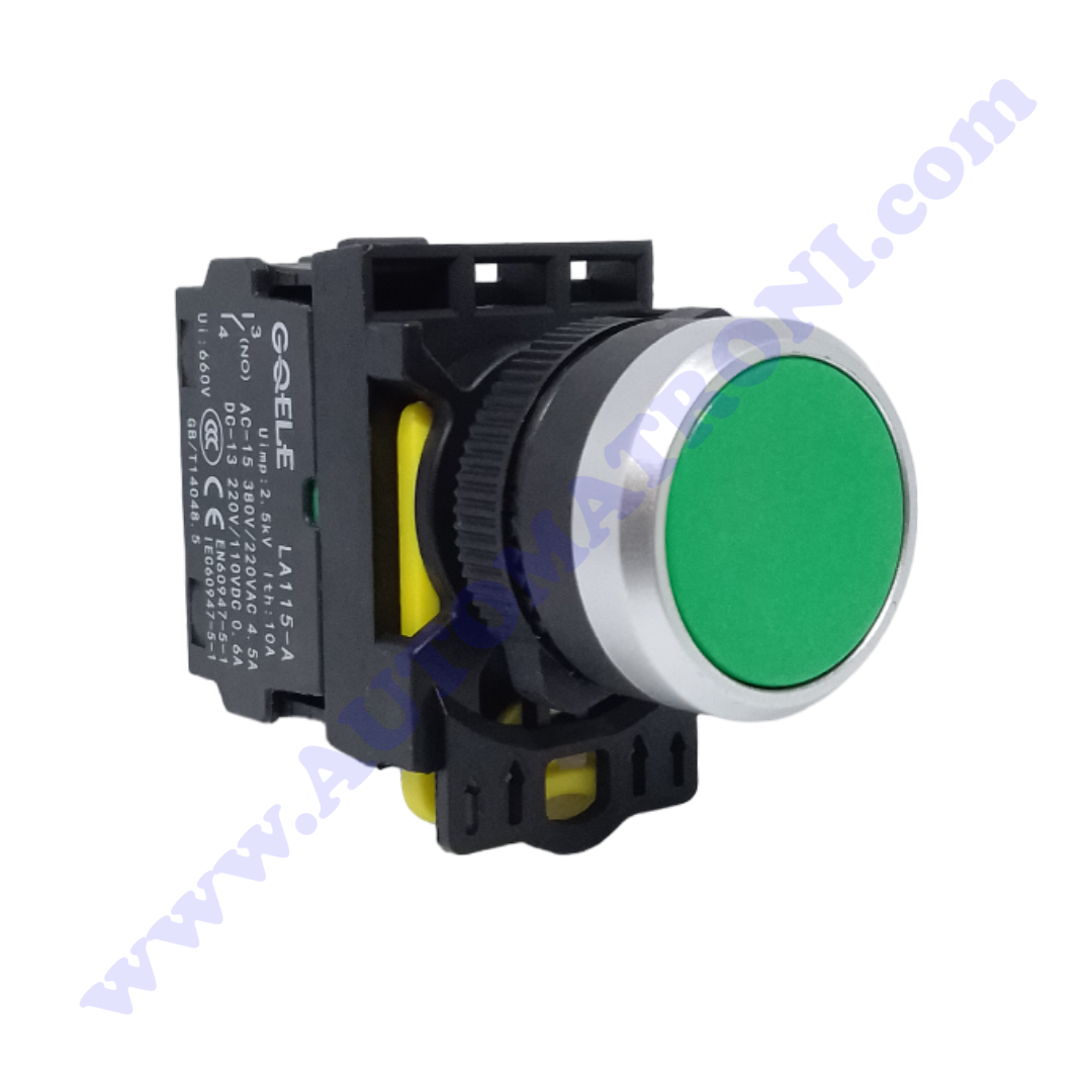 PULSADOR PLASTICO RASANTE 22MM VERDE 1NA BISEL PINTADO
