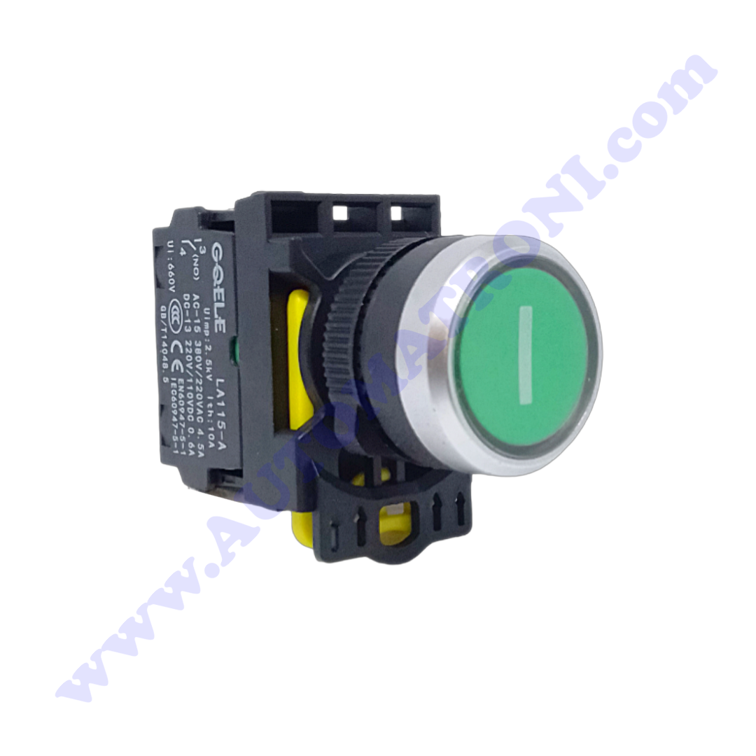 PULSADOR PLASTICO RASANTE 22MM VERDE (I) 1NA BISEL PINTADO