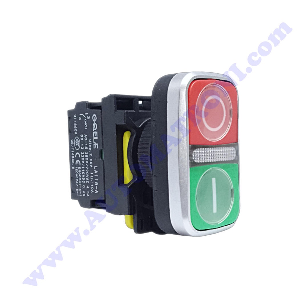 PULSADOR PLASTICO DOBLE 22mm VERDE (I) RASANTE- ROJO (O) 1NA+1NC NO LUMINOSO BISEL PINTADO